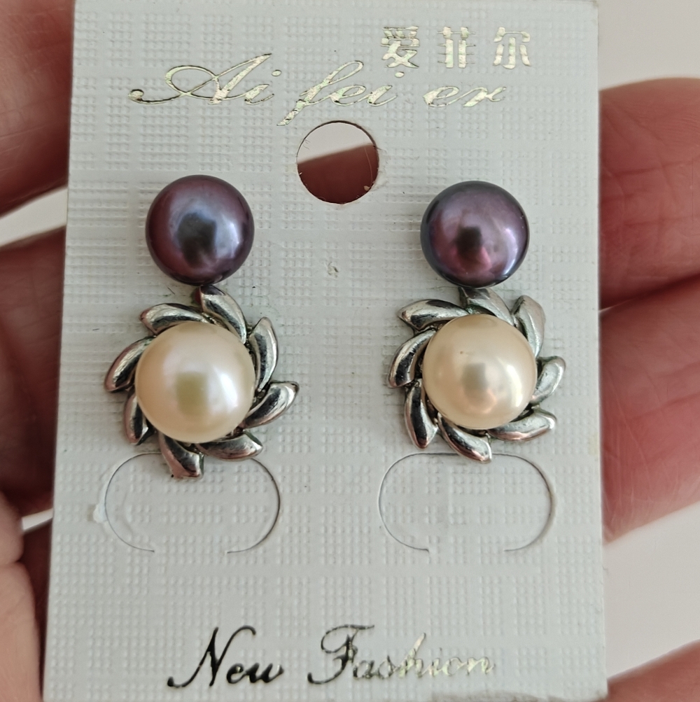 Genuine Cultured Pearl Earrings - 2 Pairs Purple and Cream NWT